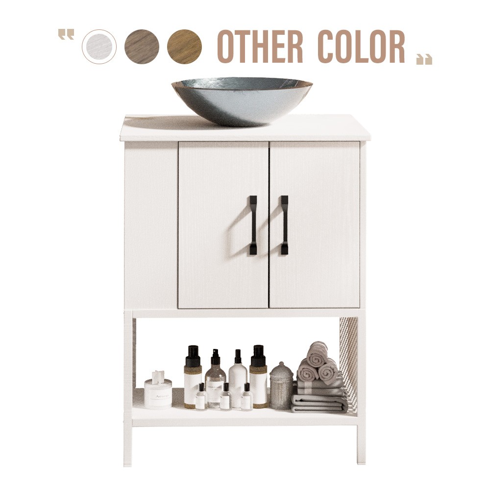 24″ Bathroom Vanity Cabinet Countertop Tempered Glass Vessel Organizer White