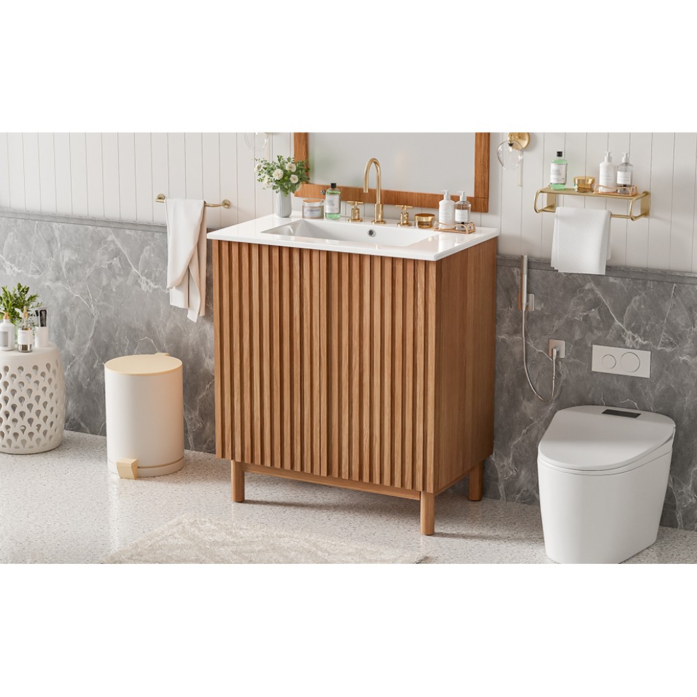 29.9-inch Traditional Bathroom Vanity with Ceramic Sink, Solid Wood Legs