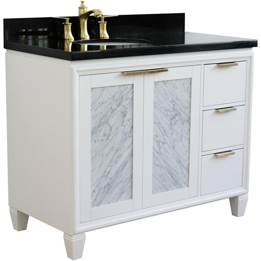 Pemberly Row 43″ Solid Wood Vanity with Left Oval Sink in White/Black Galaxy
