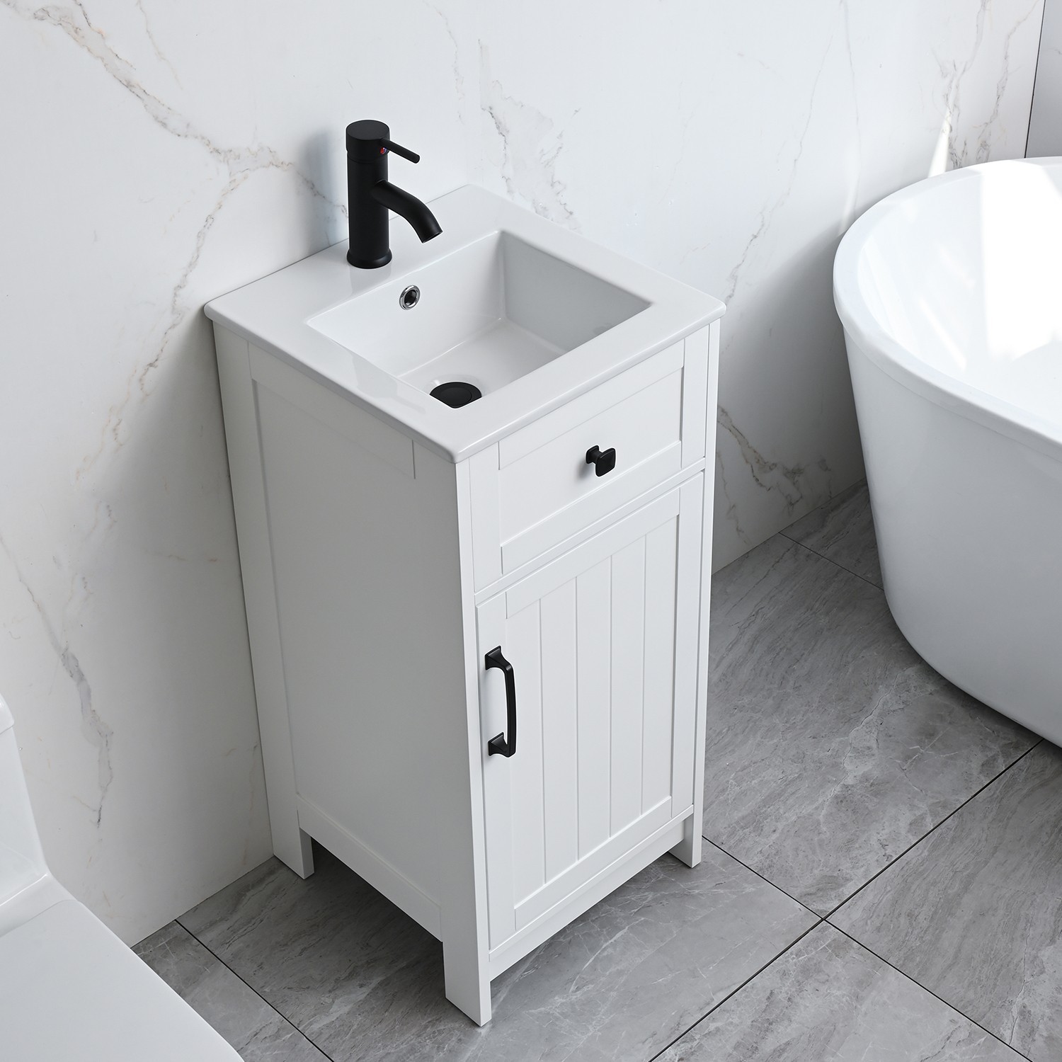 16″ Bathroom Vanity with Sink Small Cabinet Ceramic Sink Set Faucet &Drain Combo