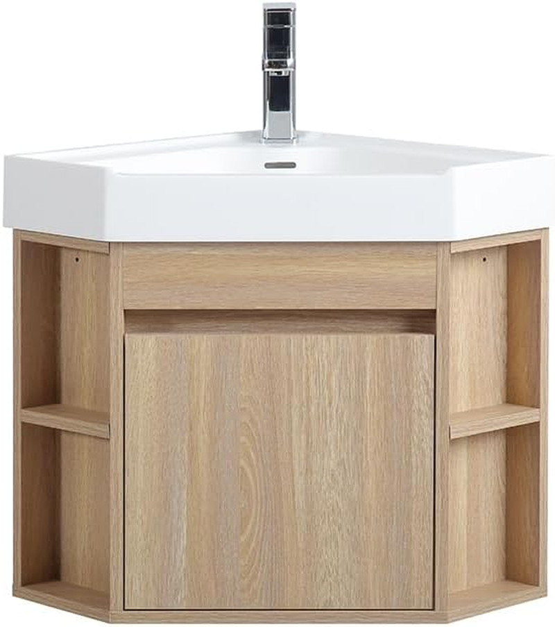 18 Inch Wall Mount Corner Bathroom Vanity with Matte Solid Surface (Light Oak)