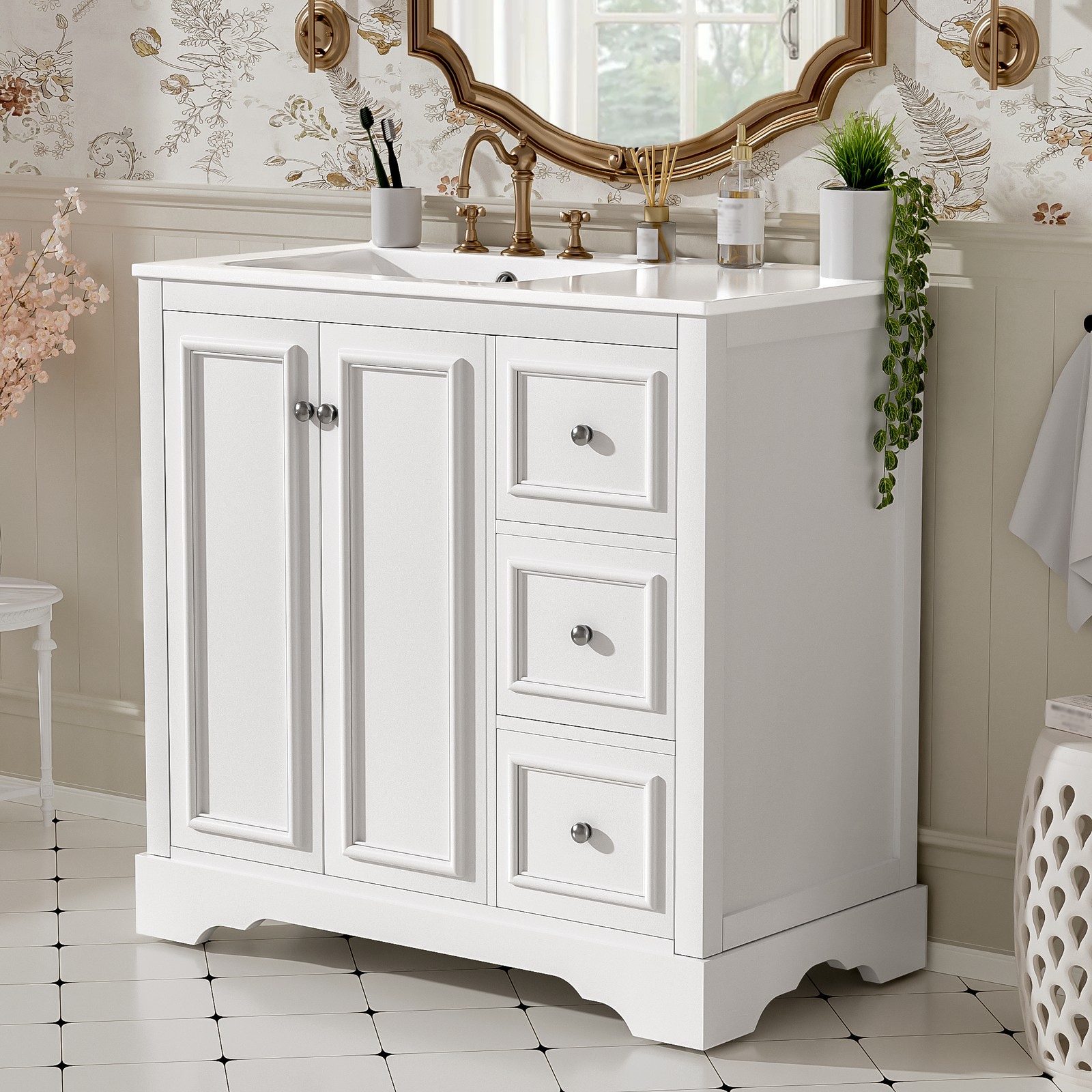 36″ White Transitional Bathroom Vanity with Ceramic Sink