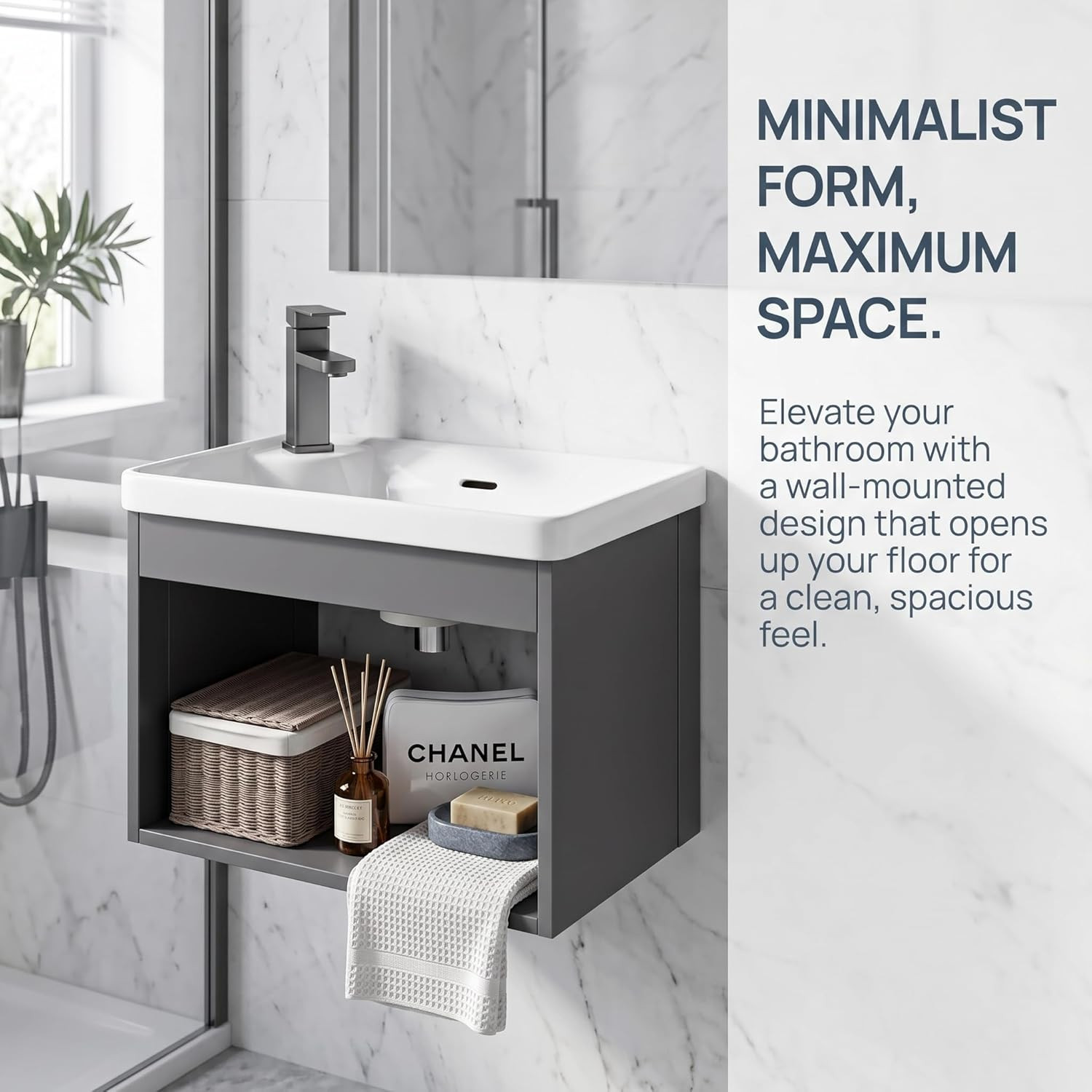 18-Inch Wall-Mounted Floating Gray Open Bathroom Vanity with Ceramic Basin Compa
