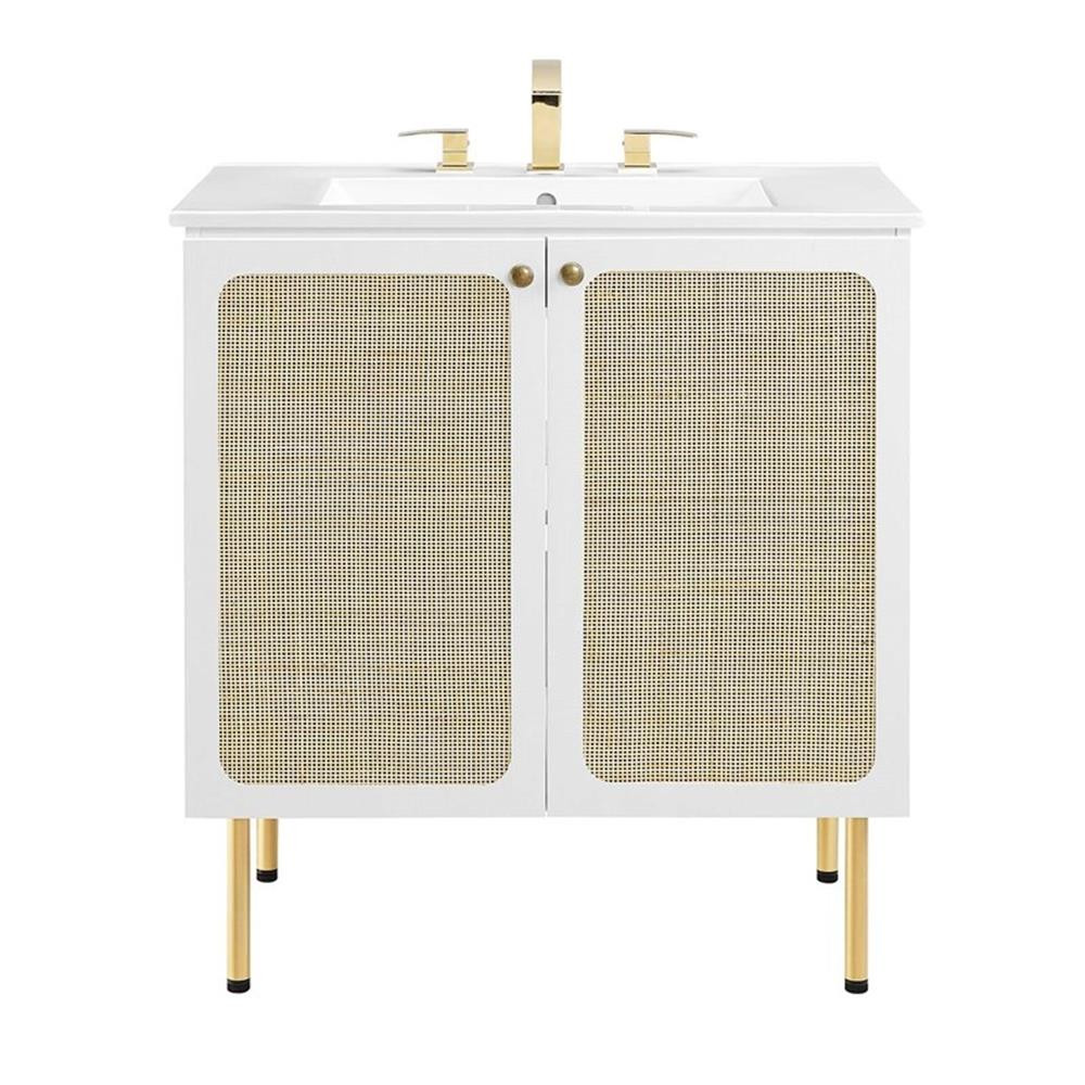 Modway Chaucer 30″ Wood & Rattan Bathroom Vanity with Adjustable Shelf in White