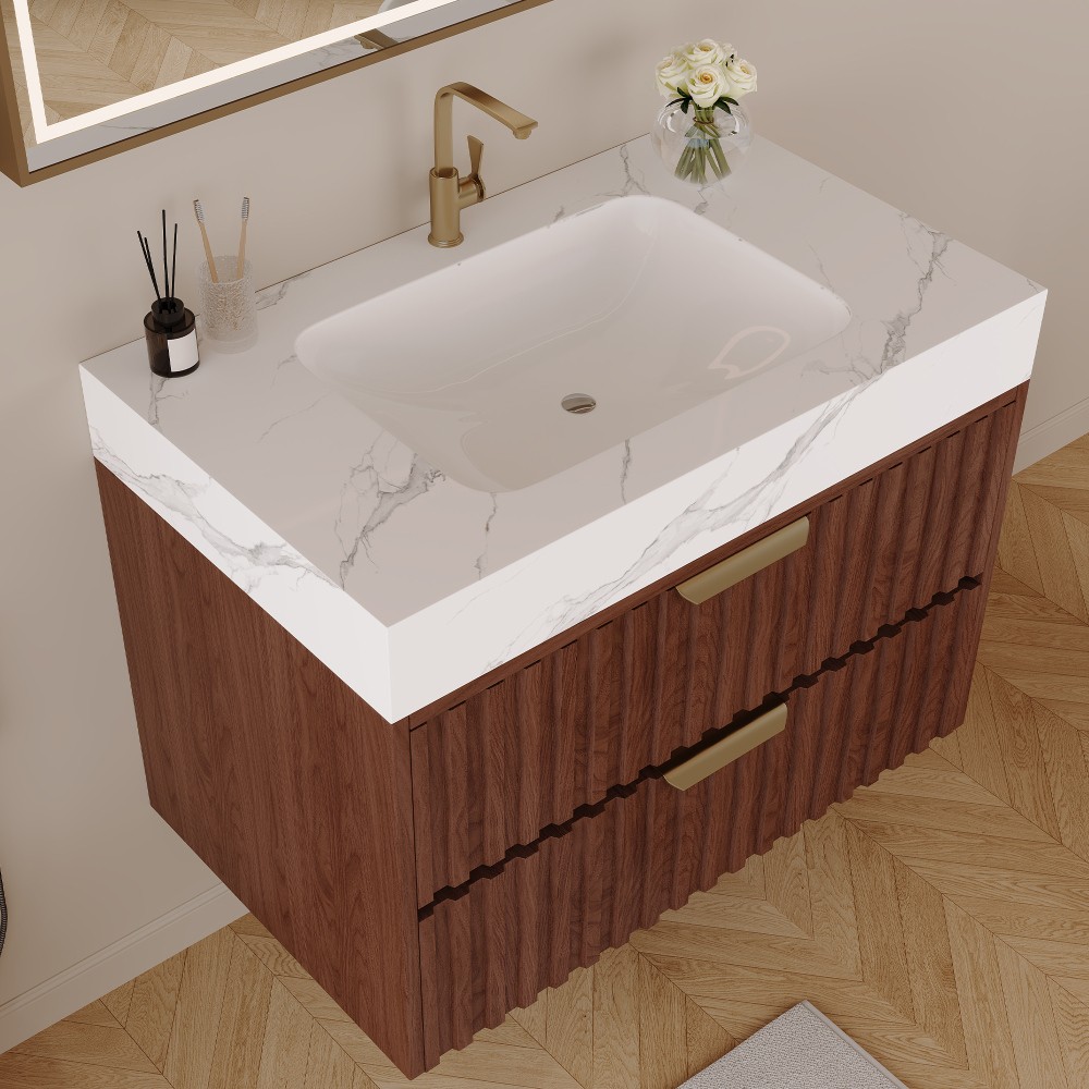 30″ Walnut Wall Mount Floating Bathroom Vanity Sintered Stone Top Ceramic Sink