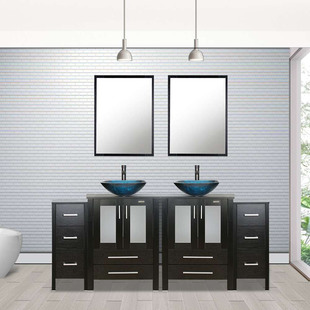 72″ Bathroom Vanity Set Tempered Glass Vessel Sink Small Cabinet Black No Mirror