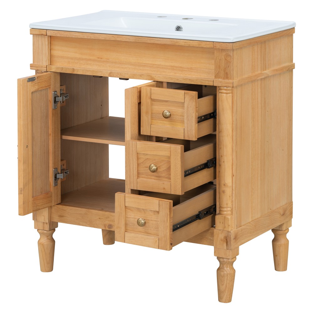 30-Inch Modern Bathroom Vanity, Solid Wood Frame + MDF, 2 Doors 3 Drawers