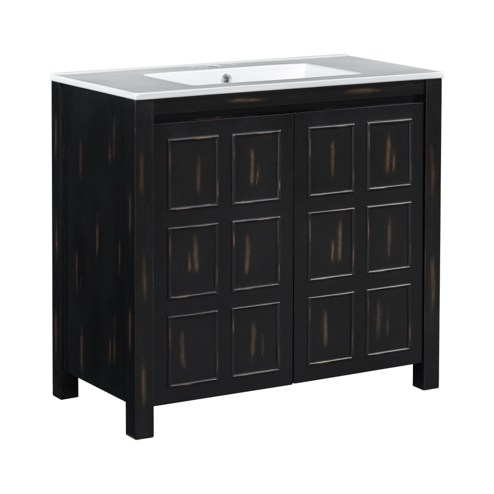 36″ Vintage Bathroom Vanity w/Ceramic Sink,Solid Wood Frame,Soft Close Doors