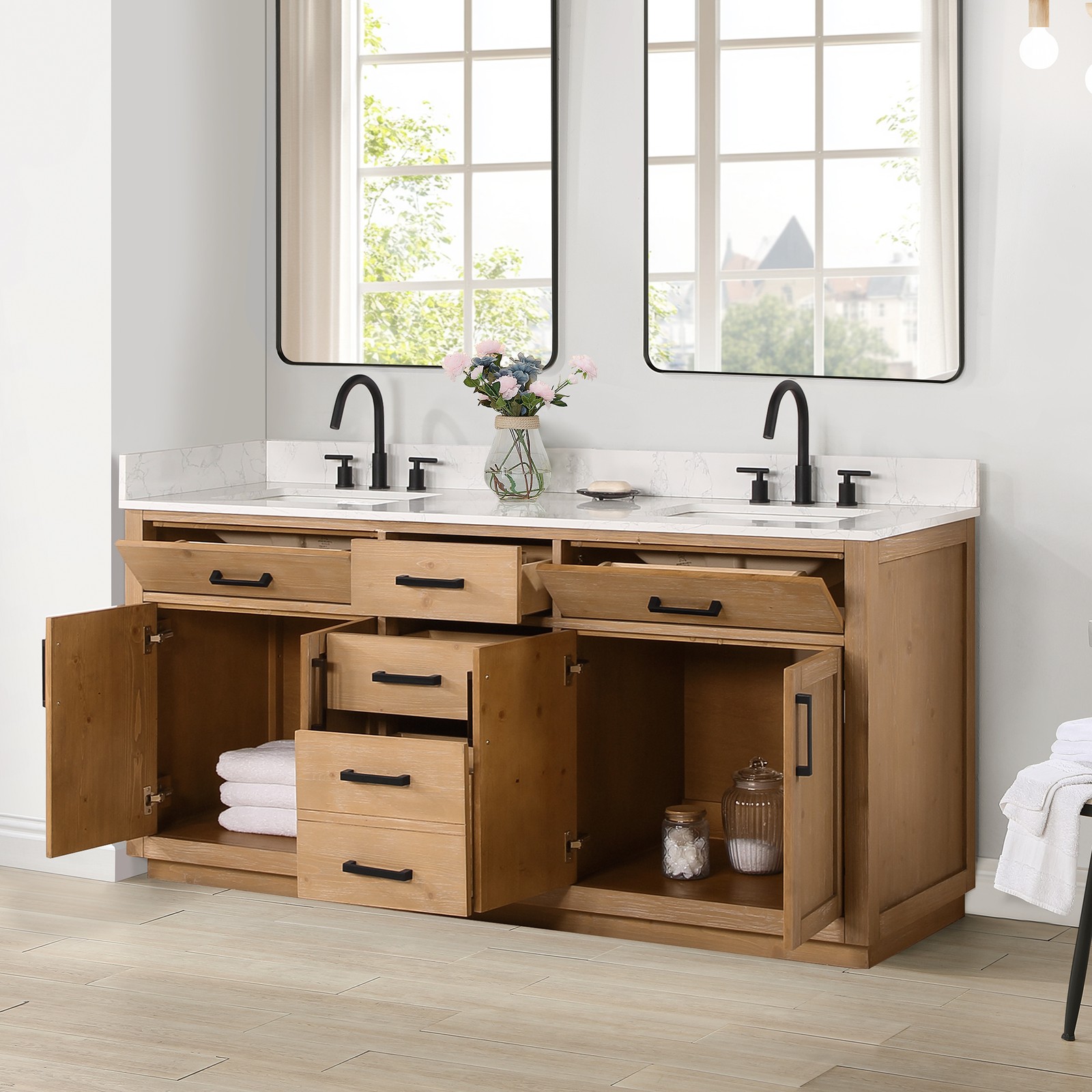 Gavino 72″ Wood Vanity in Light Brown with Composite Stone Top no Mirror