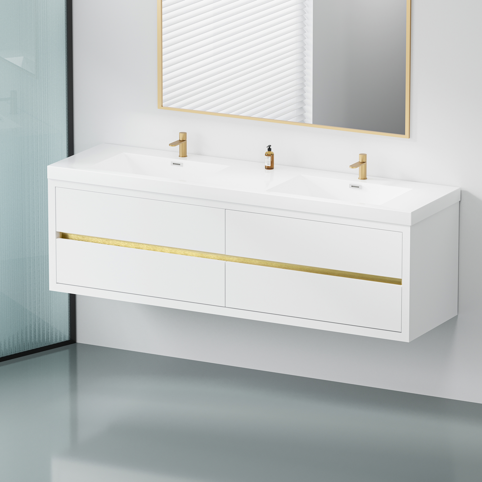 72″ Wall Mounted White Bathroom Vanity With Double Stone Resin Sink 4 Drawers