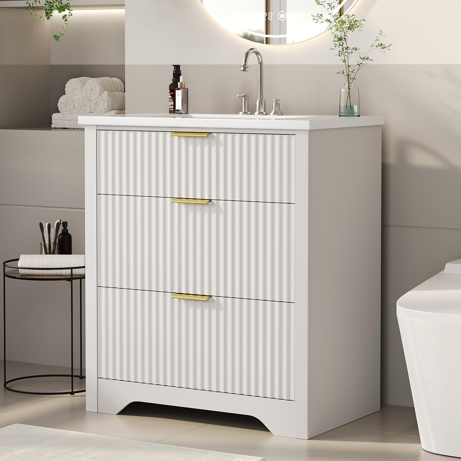 30″ Fluted Bathroom Vanity w/Sink, Freestanding Bathroom Sink Cabinet w/Drawers