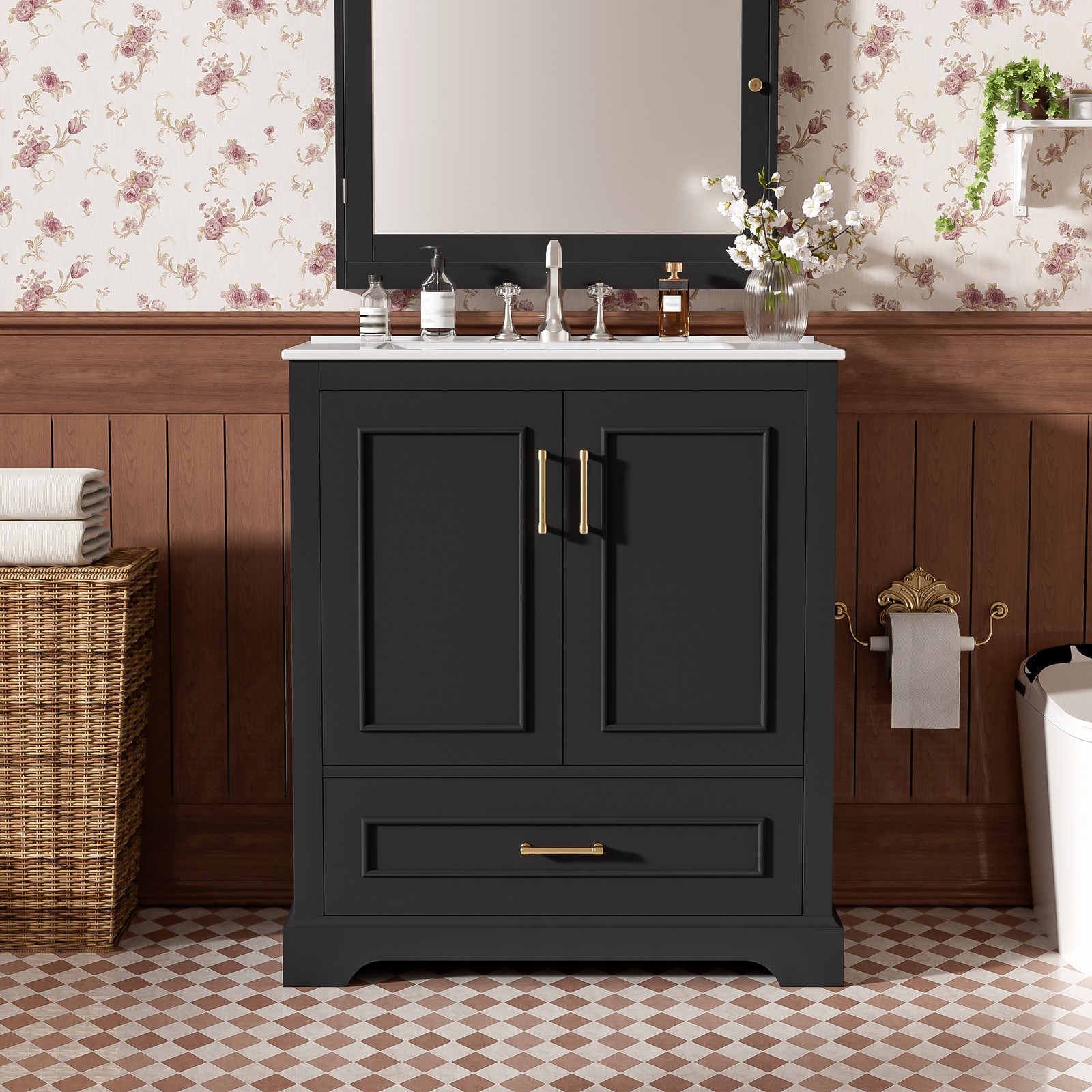 30″ Bathroom Vanity w/ Sink, Black, Soft-Close Doors & Drawer, Solid Wood+MDF