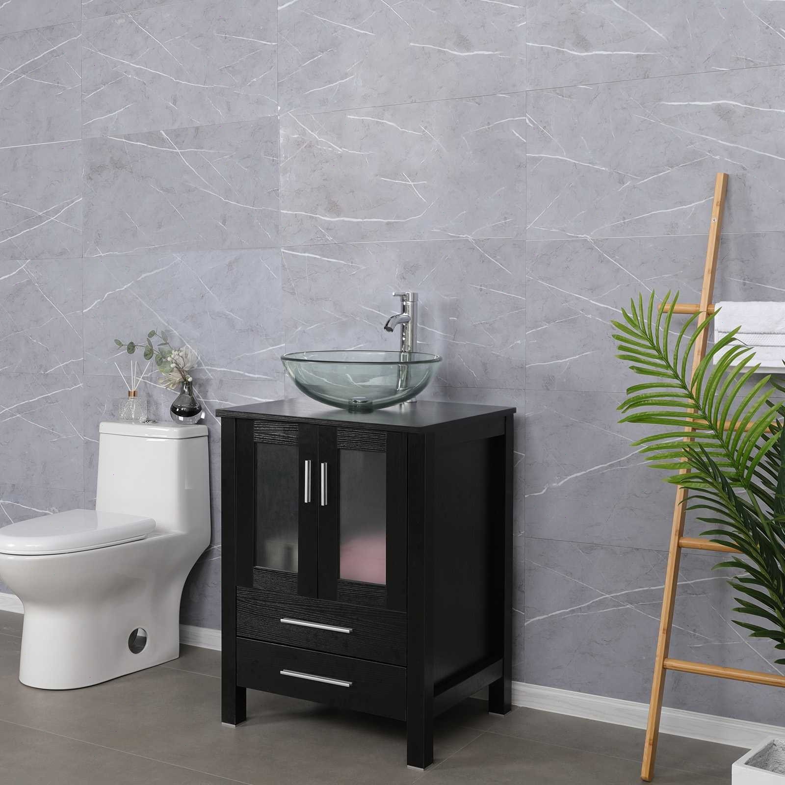 24″ Bathroom Vanity Set Tempered Glass Vessel Sink Faucet Drain Combo No Mirror