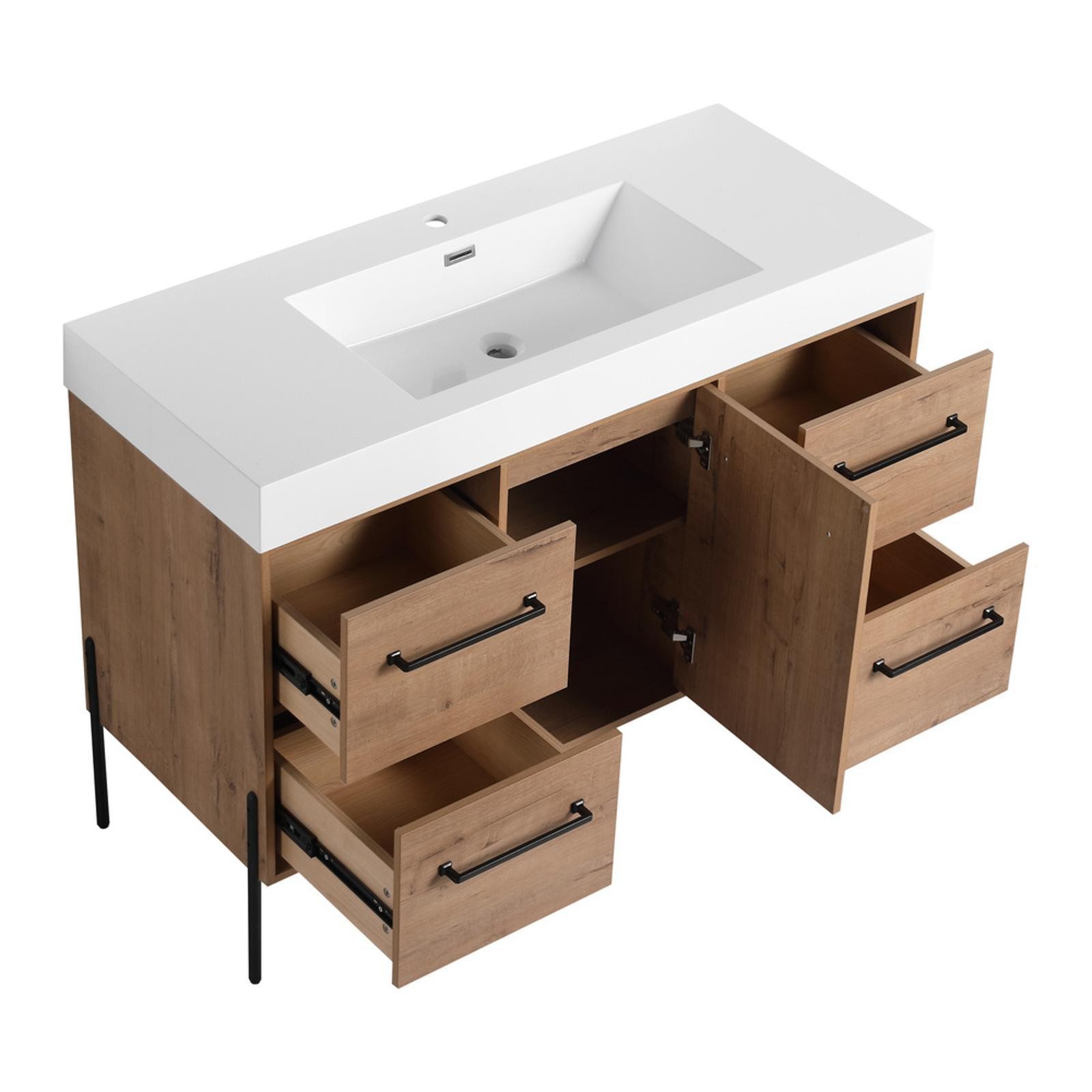 48-Inch Freestanding Bathroom Vanity with White Resin Sink, Doors, 4 Drawers,