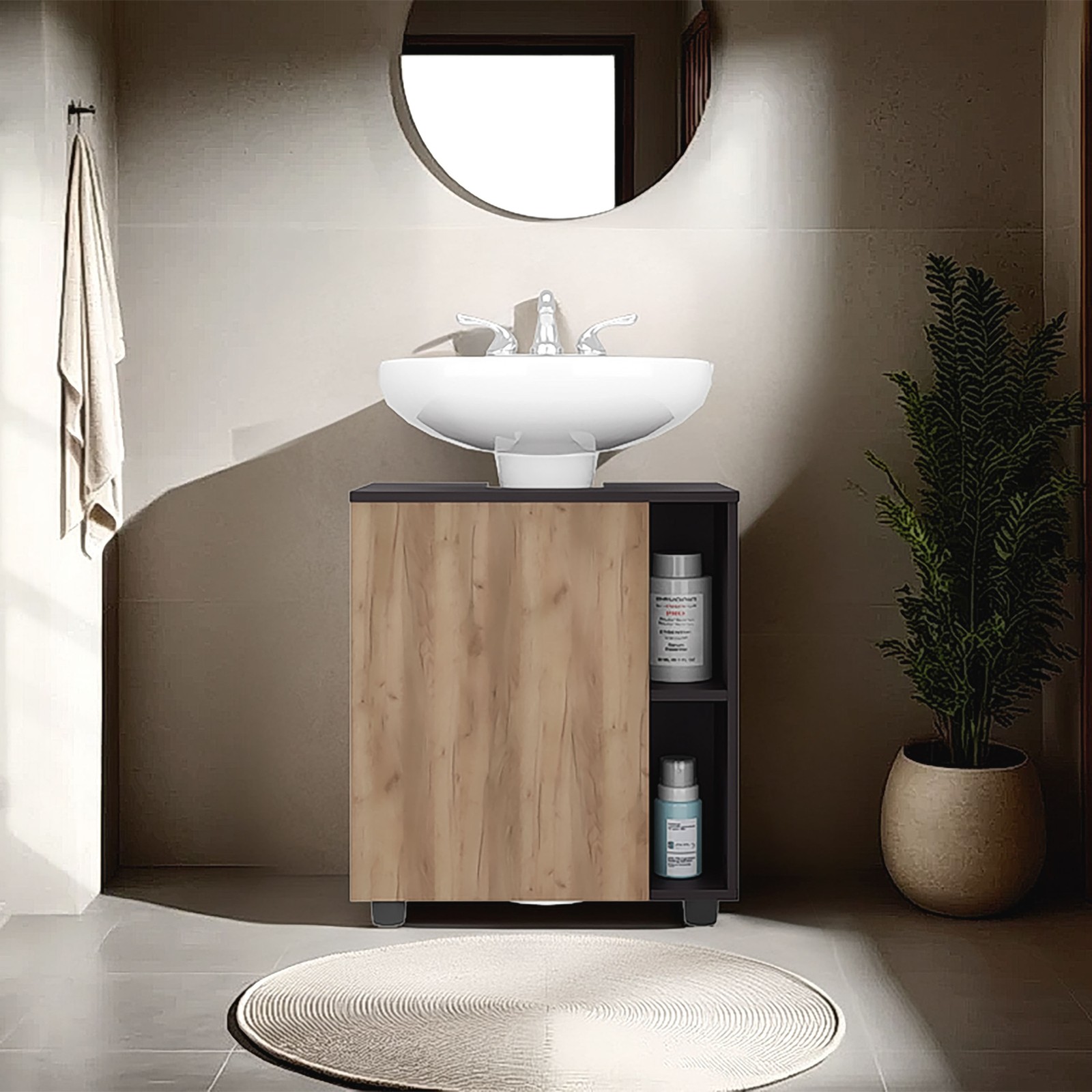 Under Sink Cabinet with Two Side Shelves, Double Doors, 22″ Freestanding
