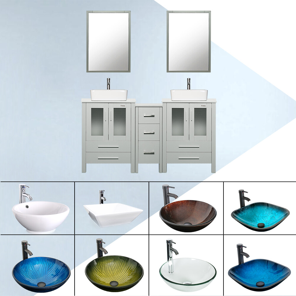 60″ Gray Bathroom Vanity Vessel Sink Set W/Mirror Small Cabinet Faucet Combo