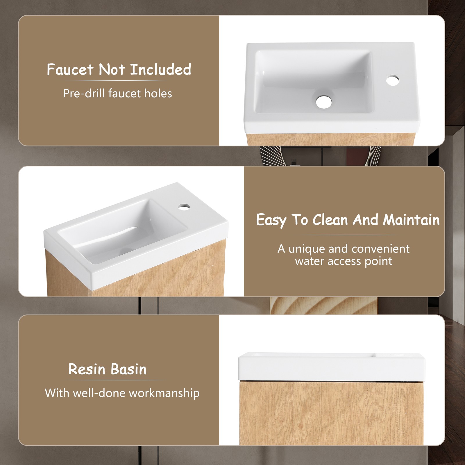 Wall-Mounted Bathroom Vanity w/Resin Sink, Storage Cabinet w/Soft Closed Door
