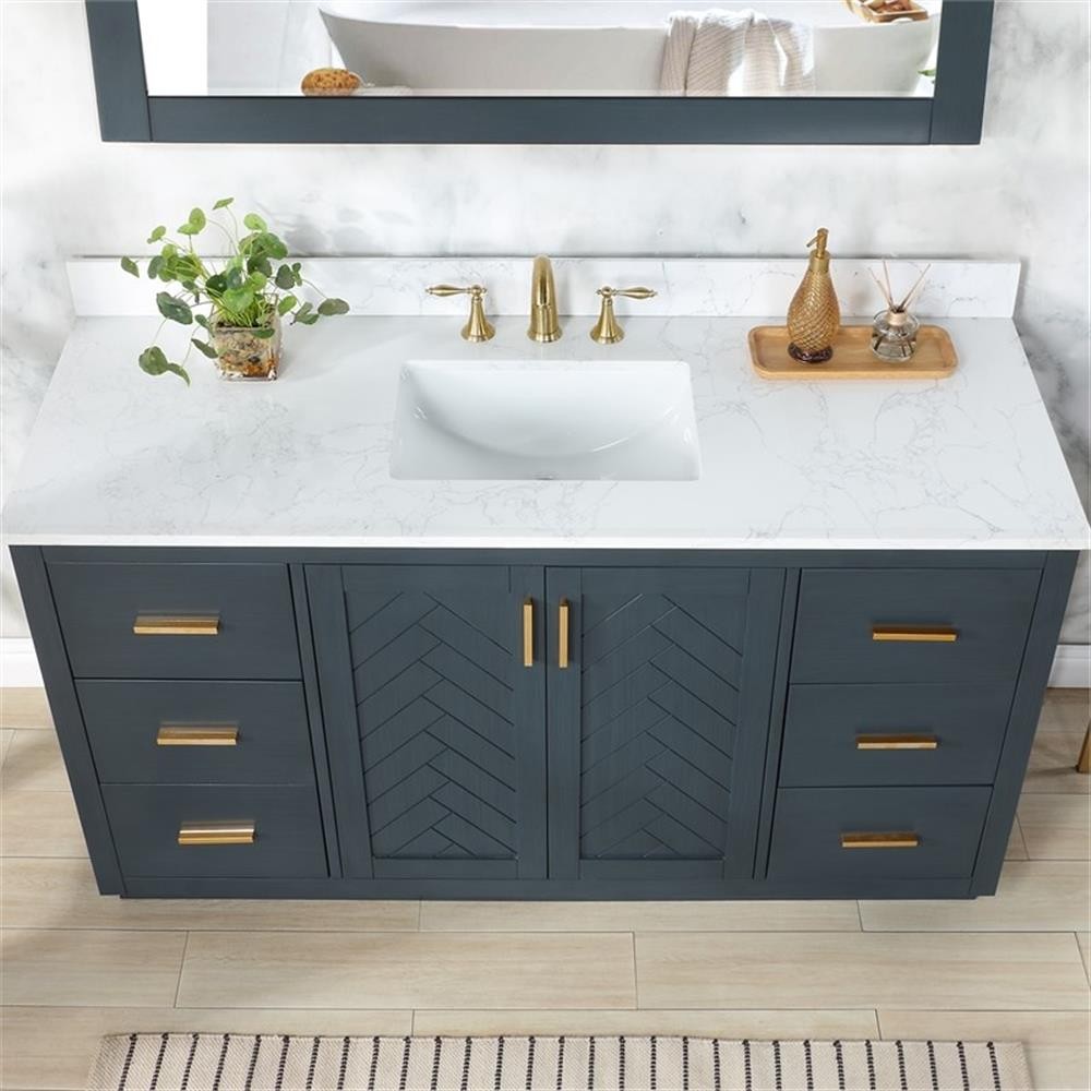 Pemberly Row 60″W Wood Vanity – Classic Blue with Composite Stone Top