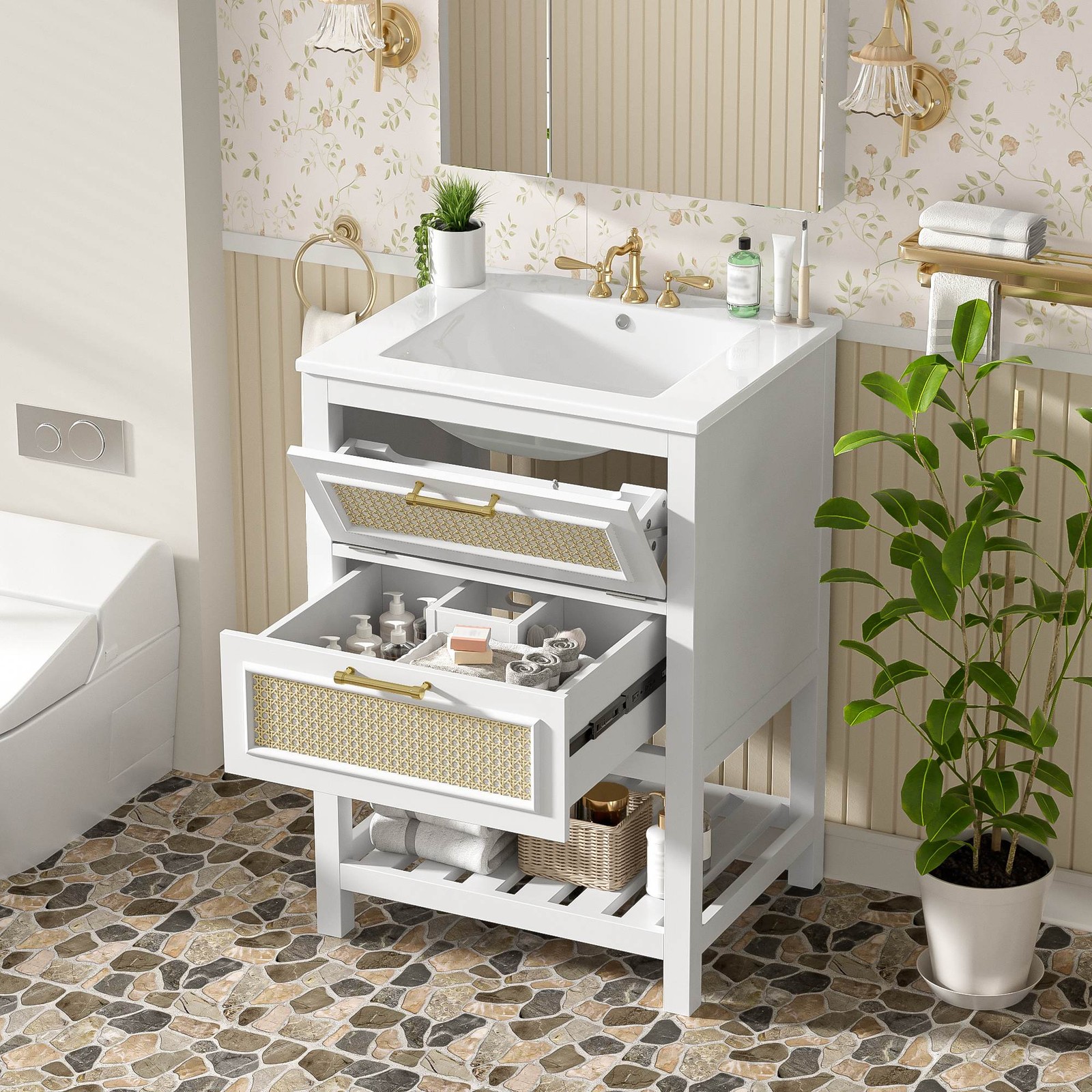 FUNIDEE 24″ Bathroom Vanity with Ceramic Sink Storage Cabinet w/ Tip-Out Drawer