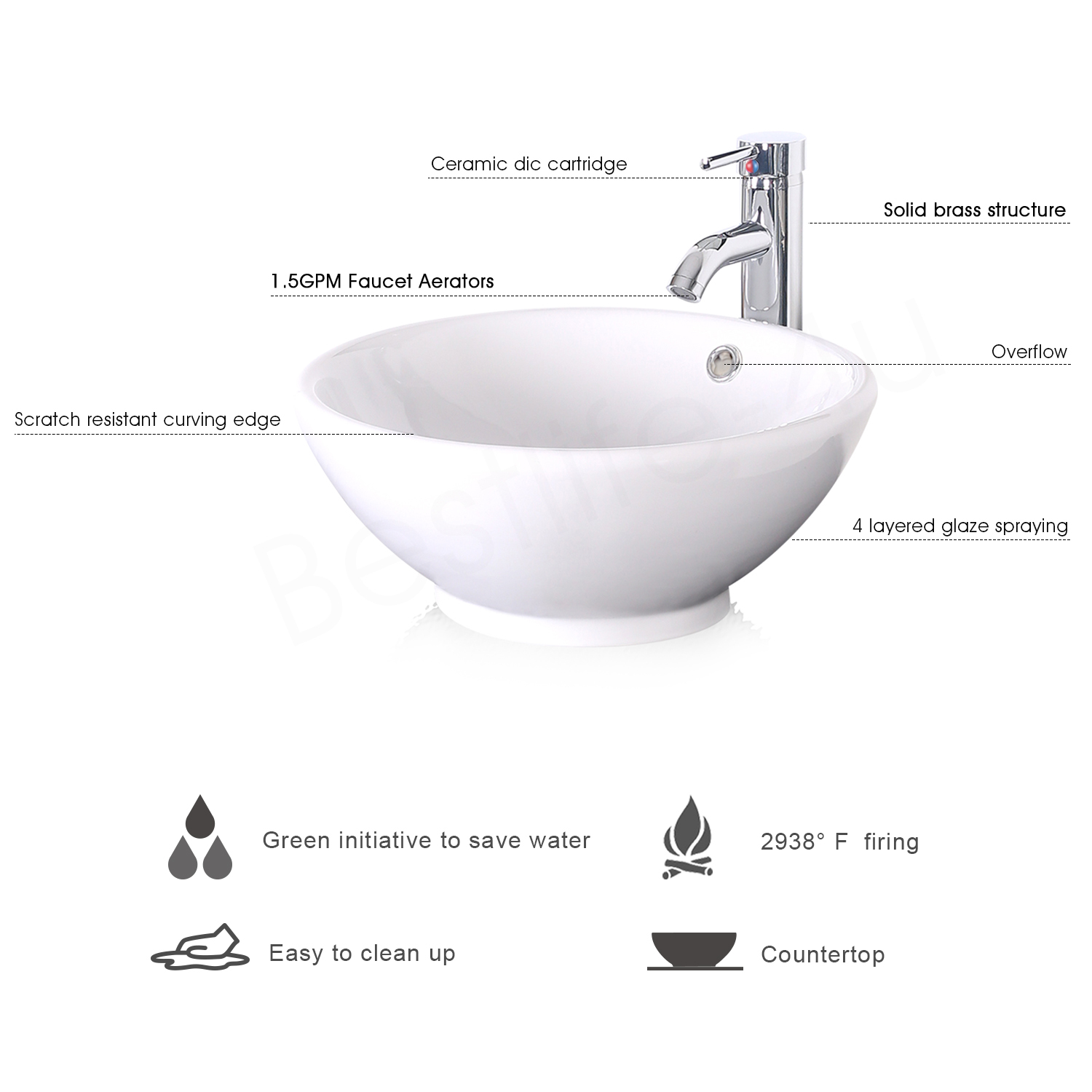 24″ White Bathroom Vanity Cabinet Single Wood & Ceramic Vessel Sink Top Modern
