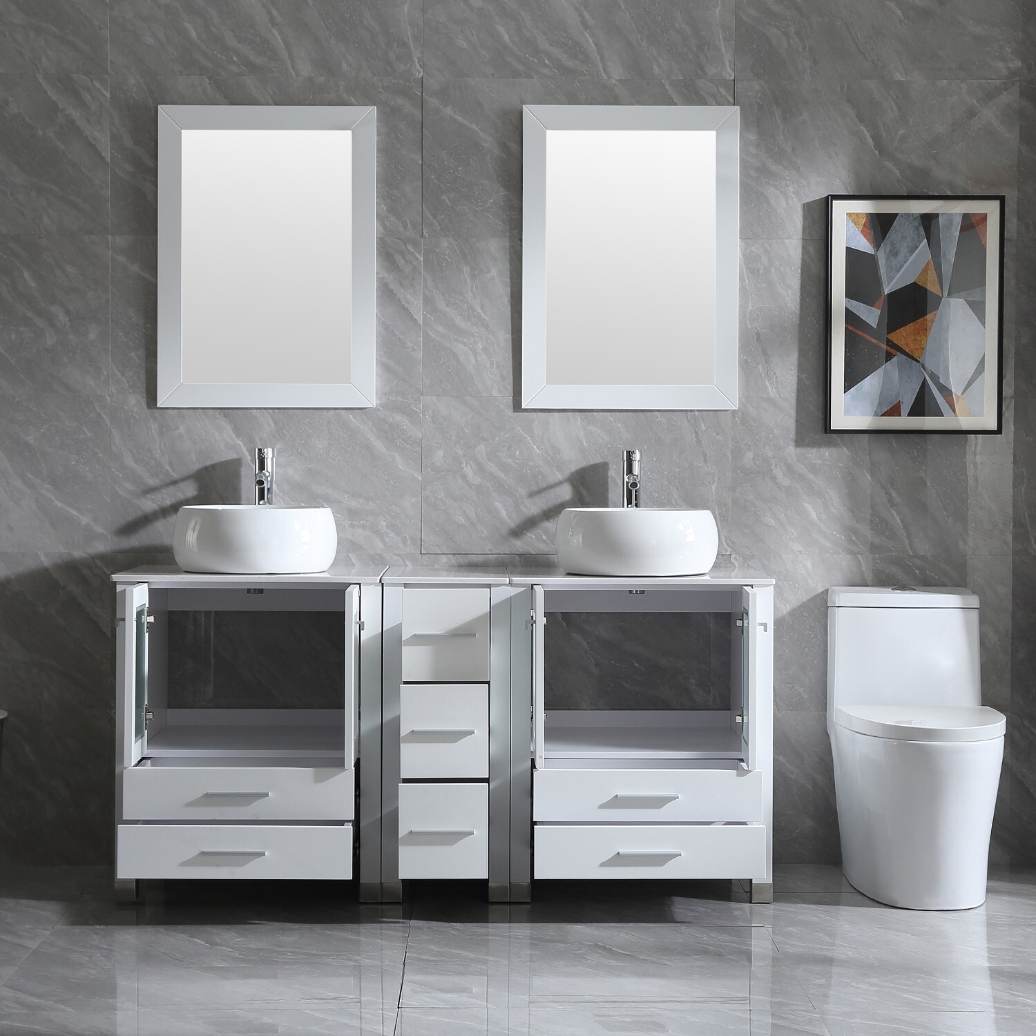 60″ Double Bathroom Vanity White Cabinet Glass Vessel Sink Bowl Mirror w/Faucet