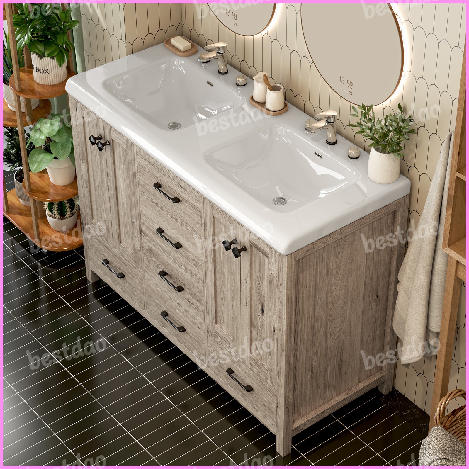 47 Inch Bathroom Vanity Double Ceramic Sinks Combo Storage Doors and Drawers