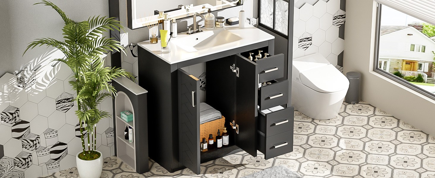 36″ Bathroom Vanity with Ceramic Sink, Solid Wood Frame, 3 Drawers, Black
