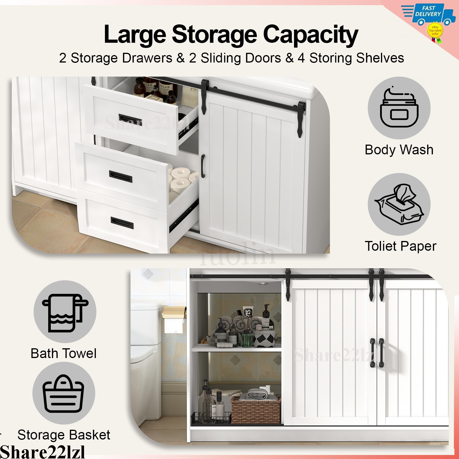 47″ Bathroom Vanity Double Sink Ceramic Freestanding Cabinet Marble Countertop