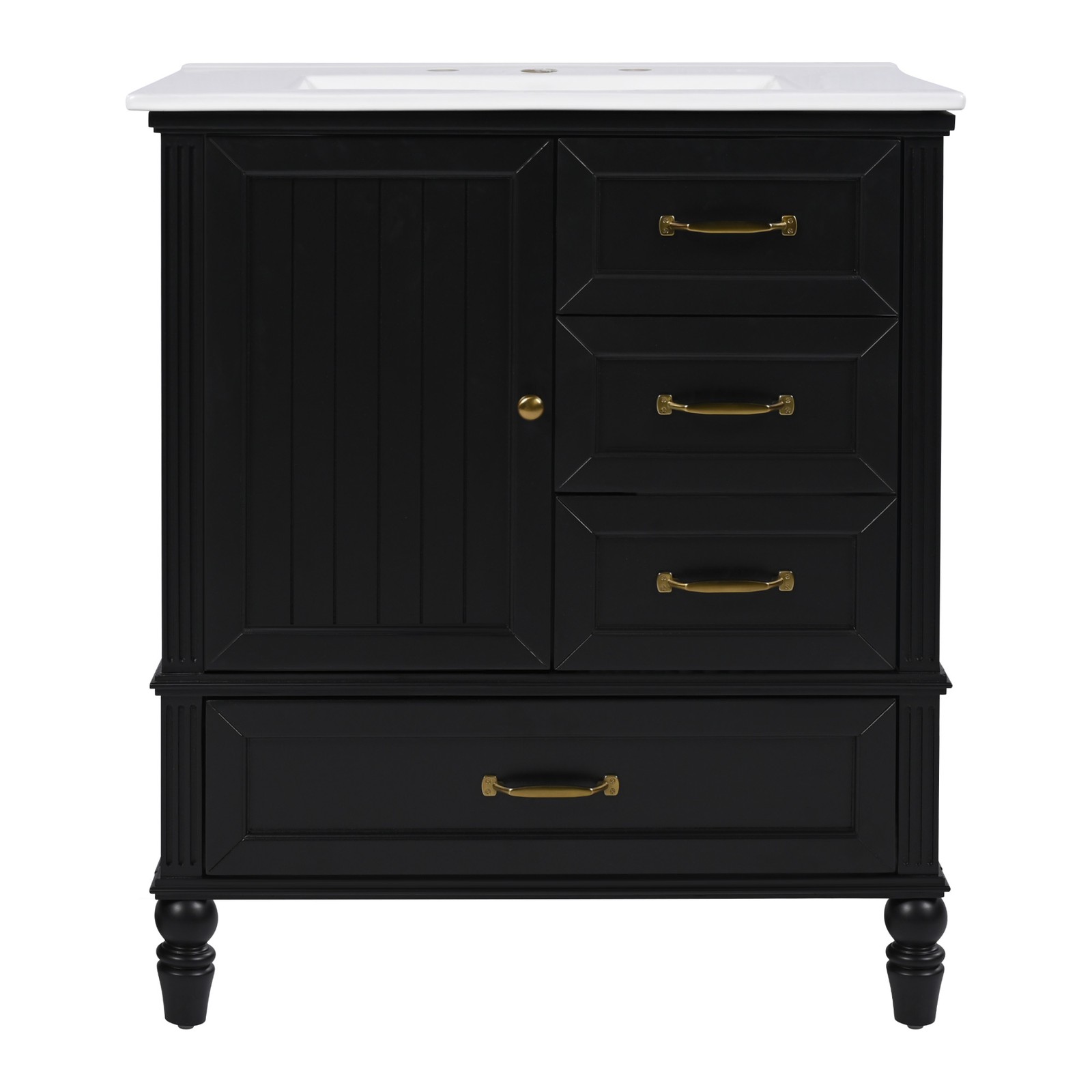 30″ Bathroom Vanity with Sink, Bathroom Cabinet with A Door, Three Drawers Black