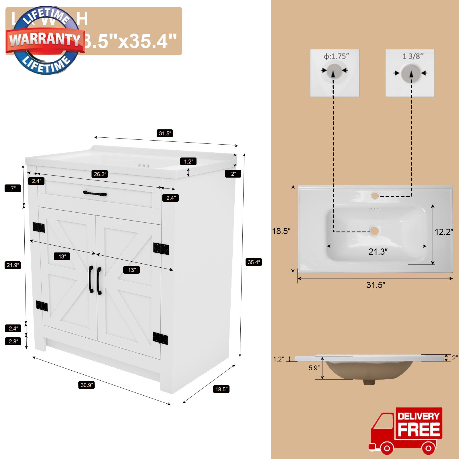 31″ Bathroom Vanity w/Sink, Drawer,Freestanding Storage Vanity 2 Door Cabinet