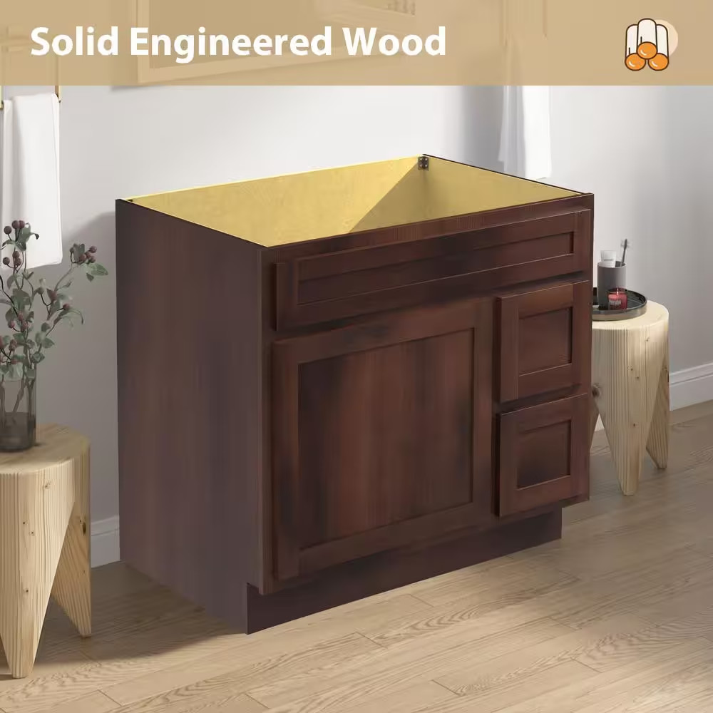 36 In. W X 21 In. D X 32.5 In. H 2-Right Drawers Bath Vanity Cabinet Only in Bro