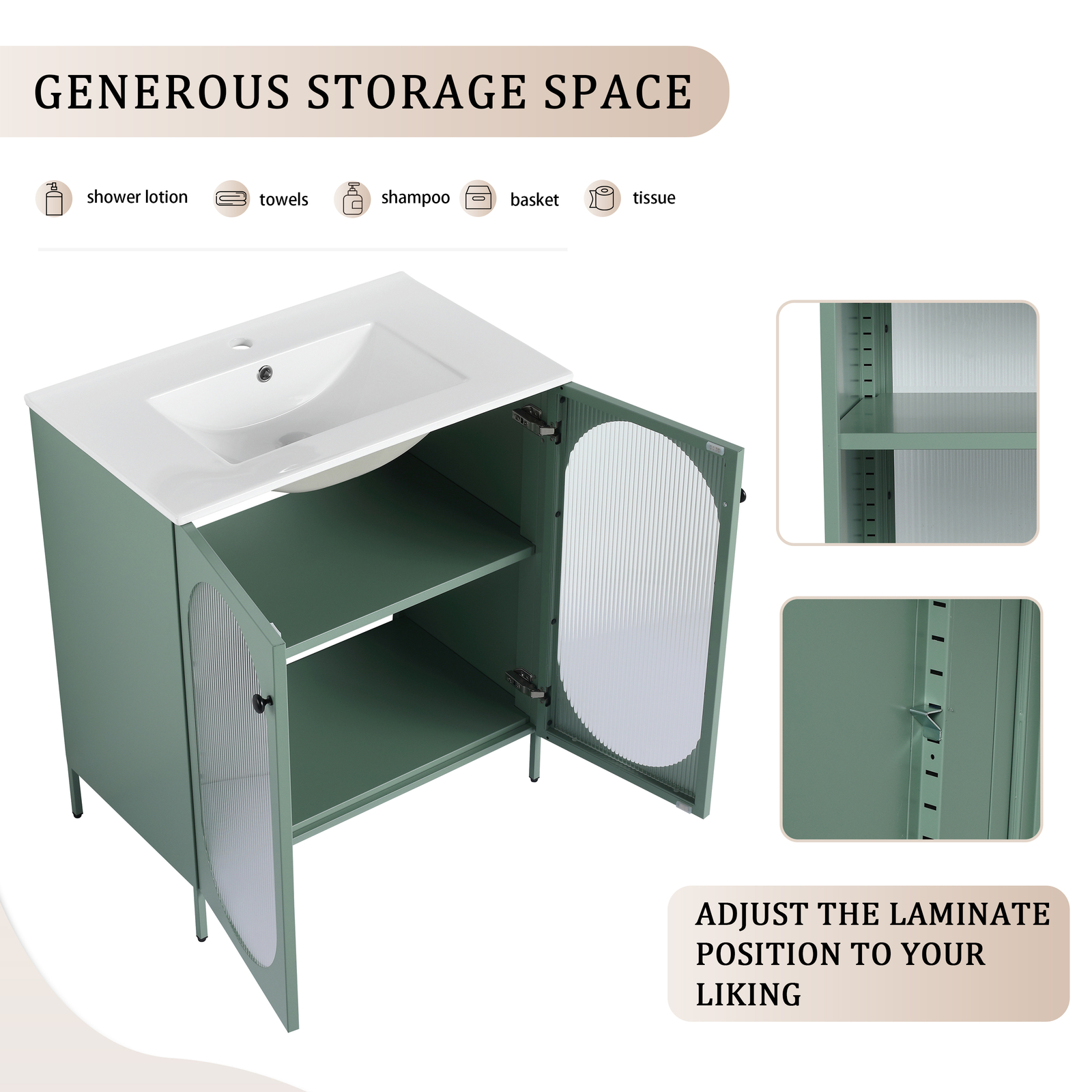 30 inch Metal Freestanding Bathroom Vanity W/ Single Ceramic Sink Basin Green