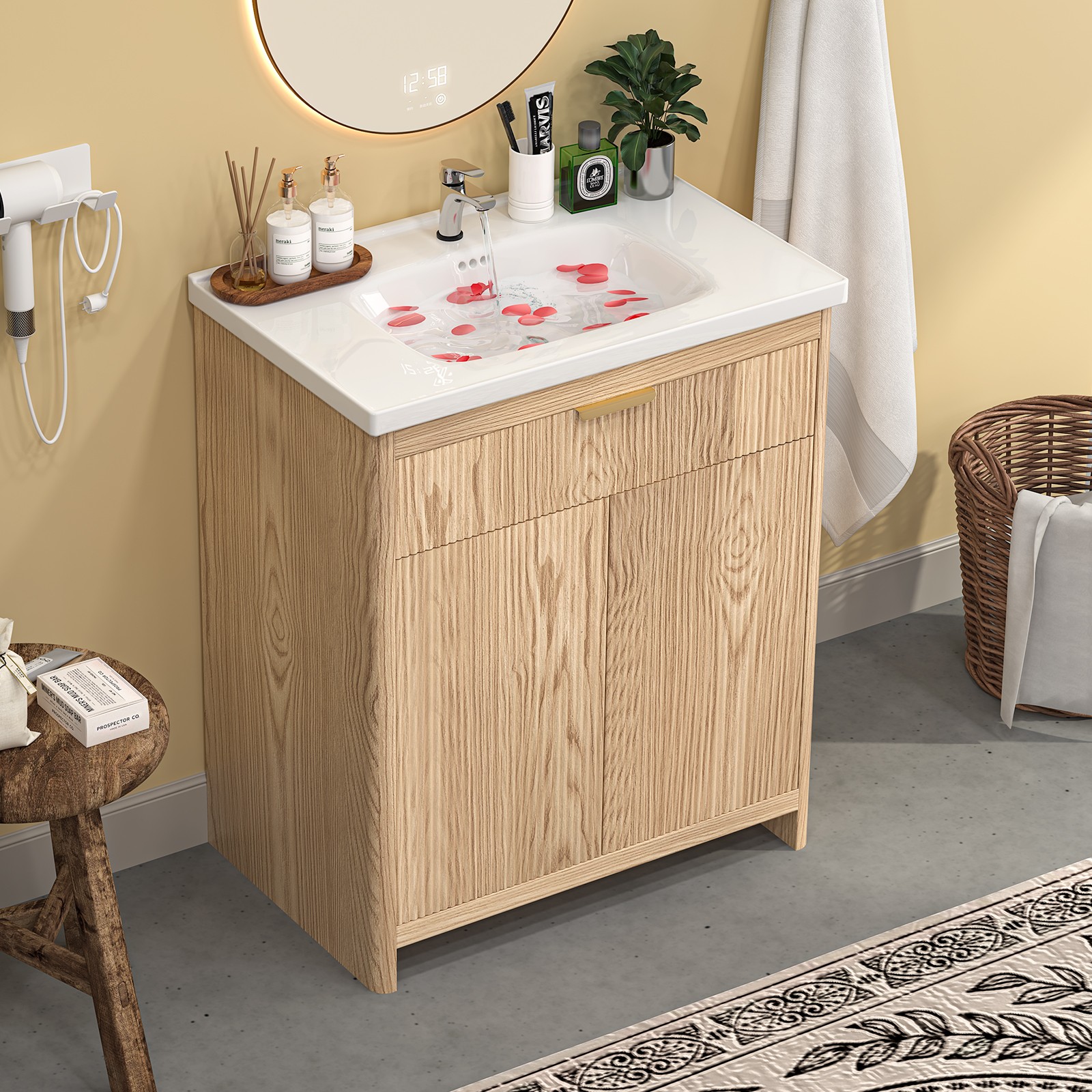 Bathroom Wood Vanity 23.6″ &Ceramic Sink,Freestanding Storage Cabinet Vanity