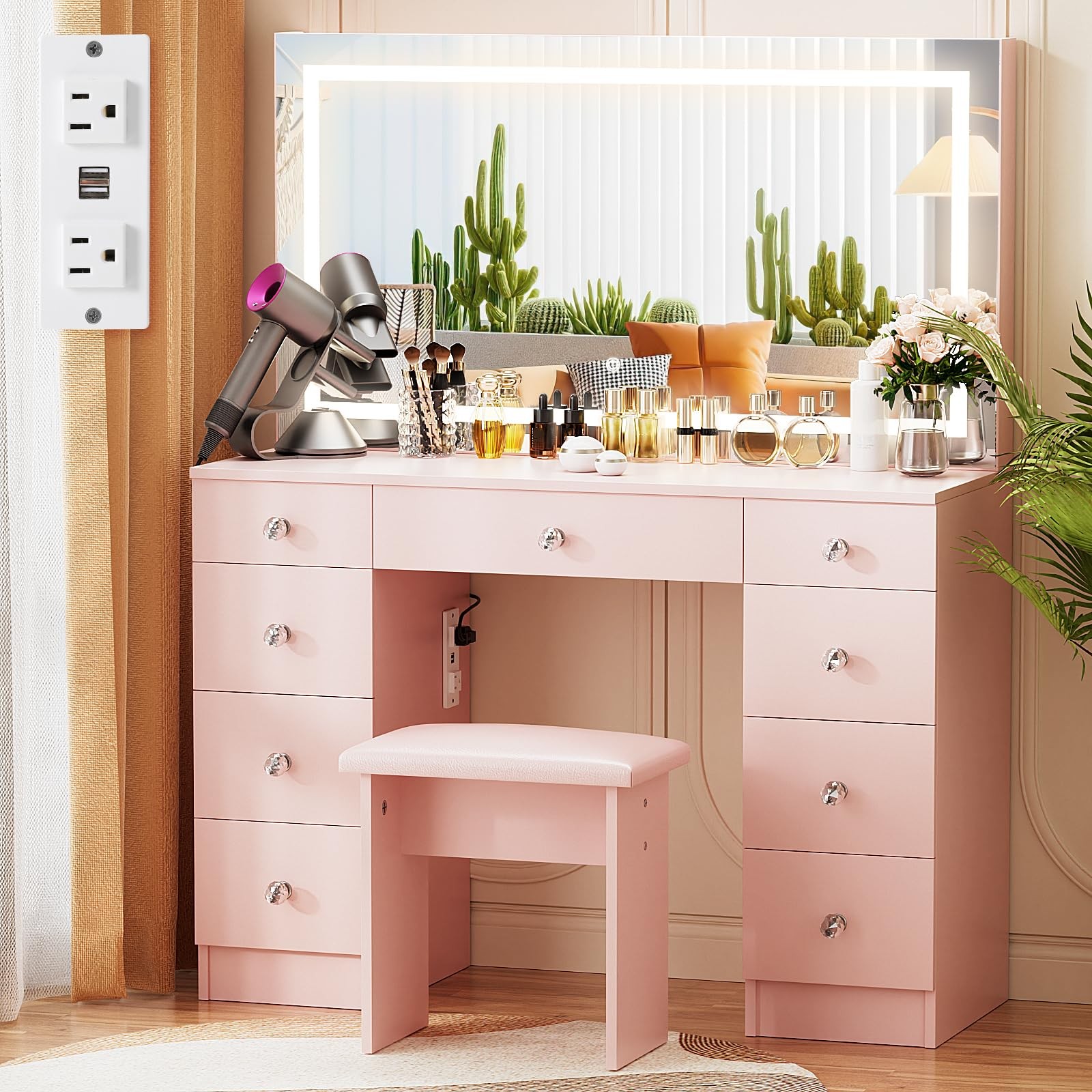 Vanity Lighted Mirror Power Outlet 9 Drawers 3 Color Lighting 43 Pink