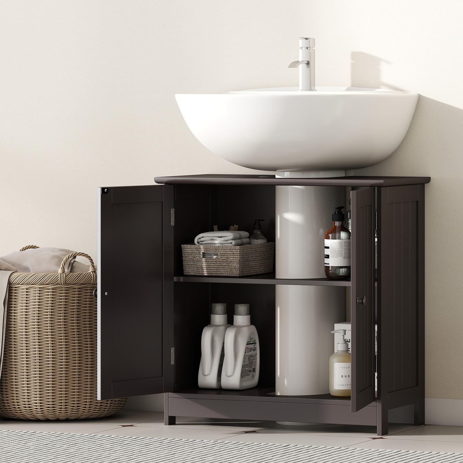 Under Sink Bathroom Cabinet with 2 Doors and Shelf, Coffee