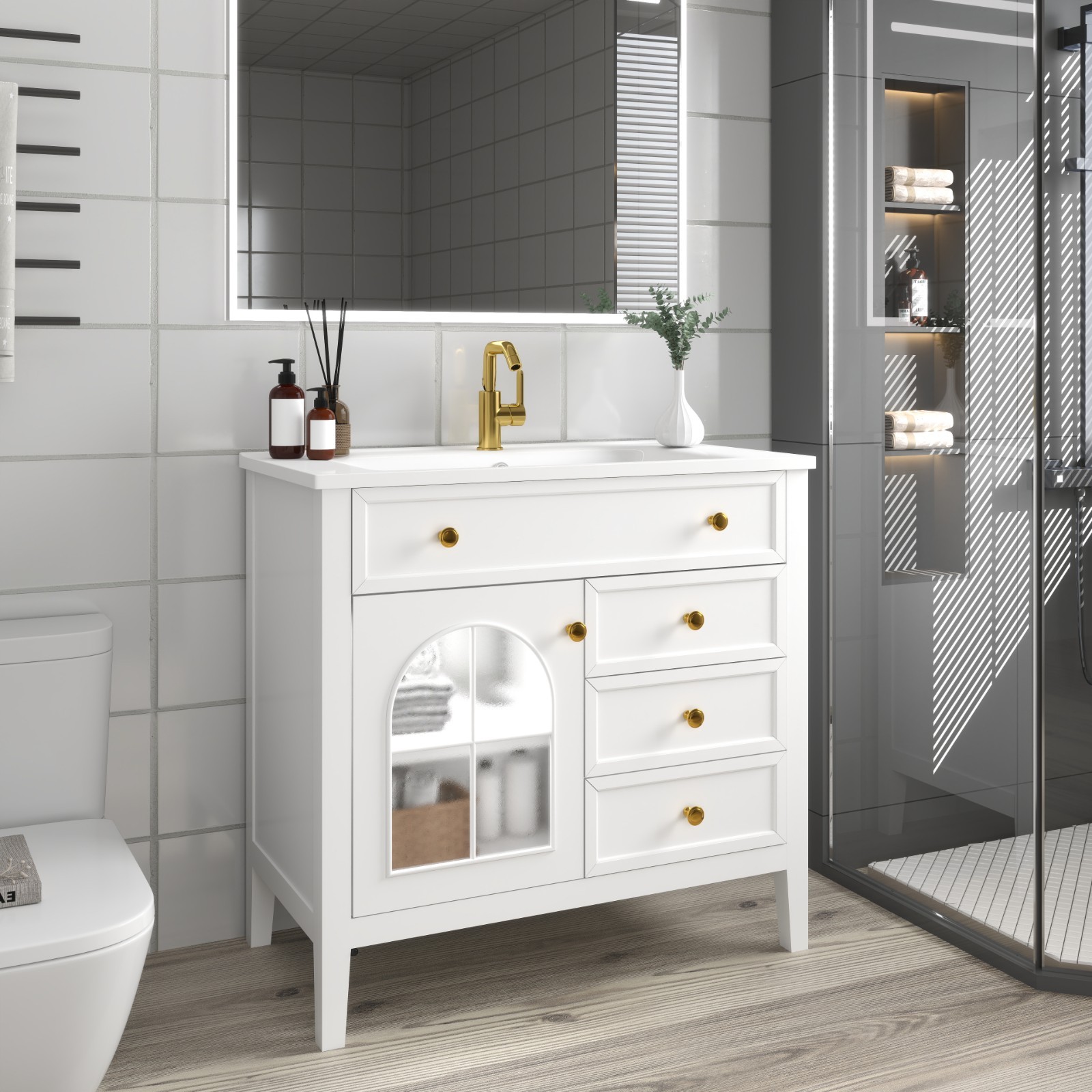35.6″ Bathroom Vanity Storage Cabinet w/ Ceramic Sink Glass Motion Sensor Light