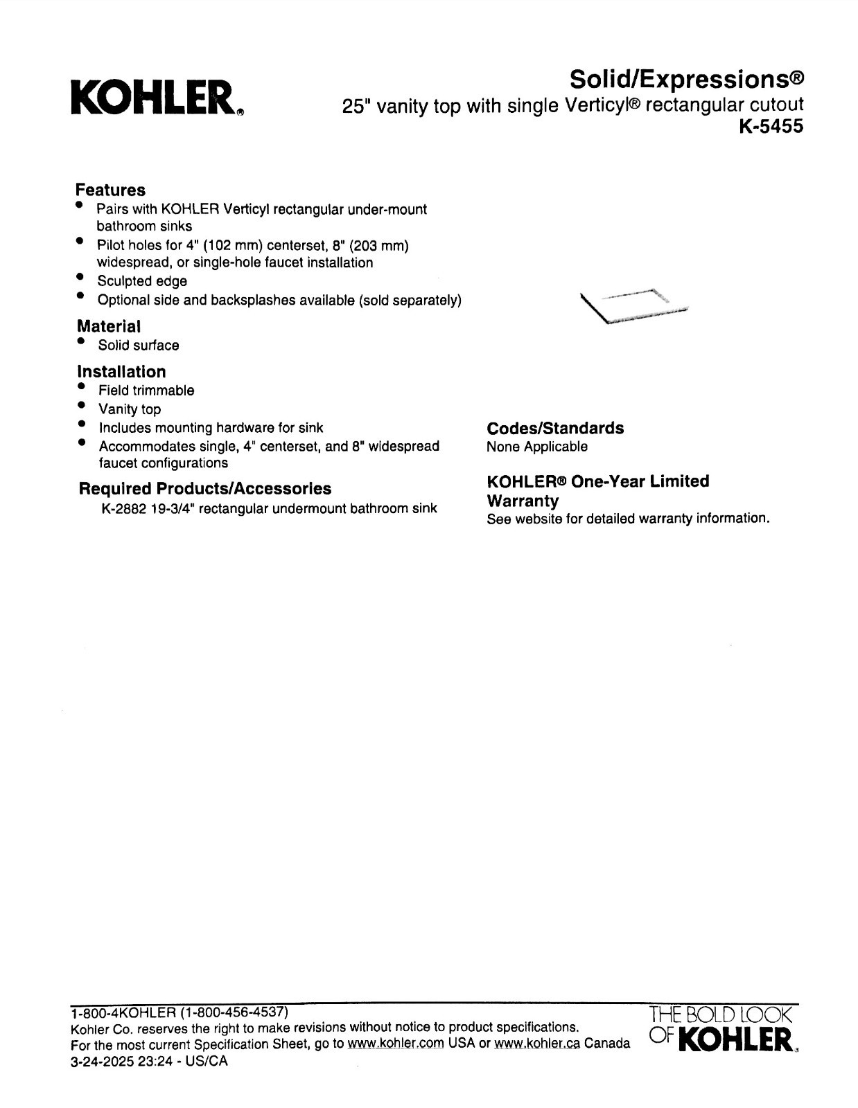 Kohler 5455-S33 – 25″ vanity top with single Verticyl rectangular cutout – White
