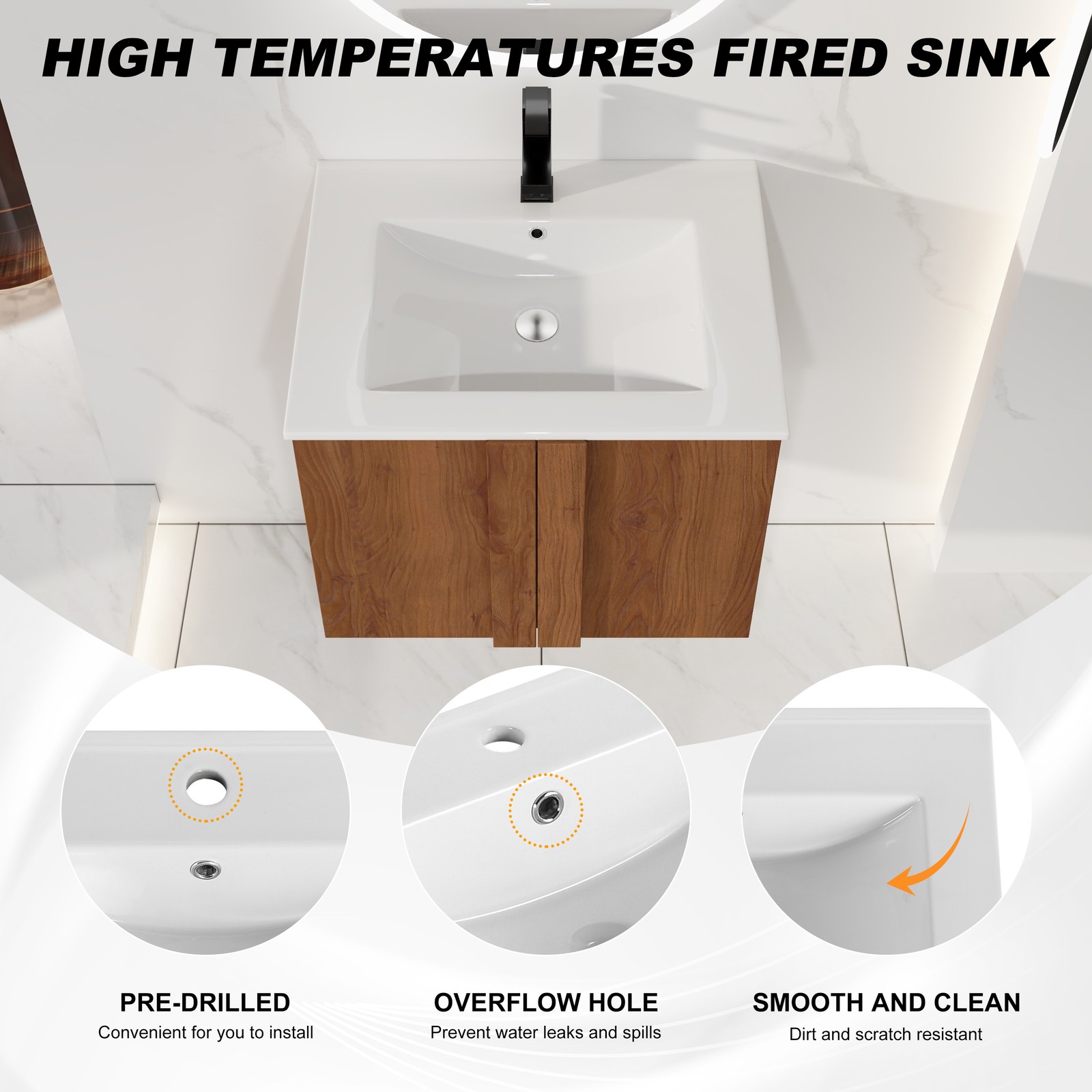 24″ Floating Bathroom Vanity with Sink, Brown Ebony Cabinet, Soft-Close Doors