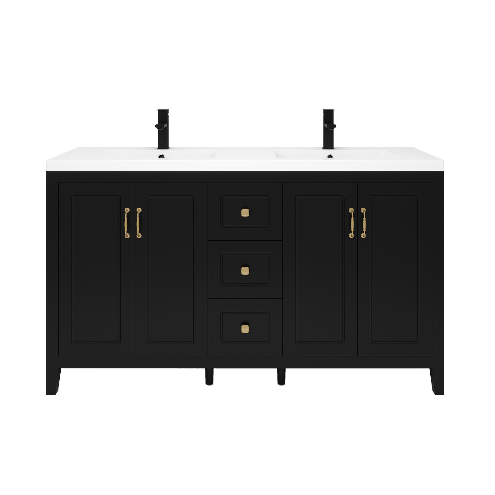 60″ Freestanding Bathroom Vanity Soft-Close 4 Doors 3 Drawers with Faucet Black
