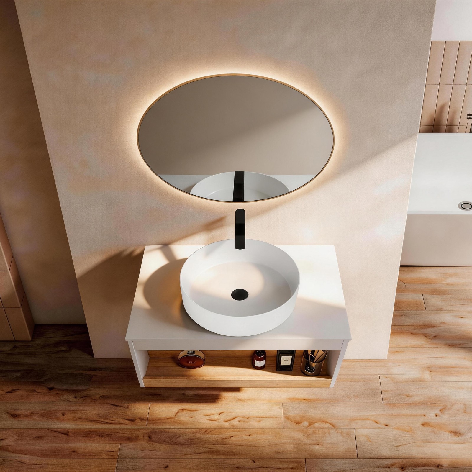 30″ Floating Bathroom Vanity with Glossy White Vessel Sink