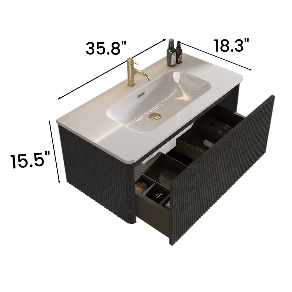 Etna 36″ Brushed Black Oak Floating Bathroom Vanity with White Ceramic Sink