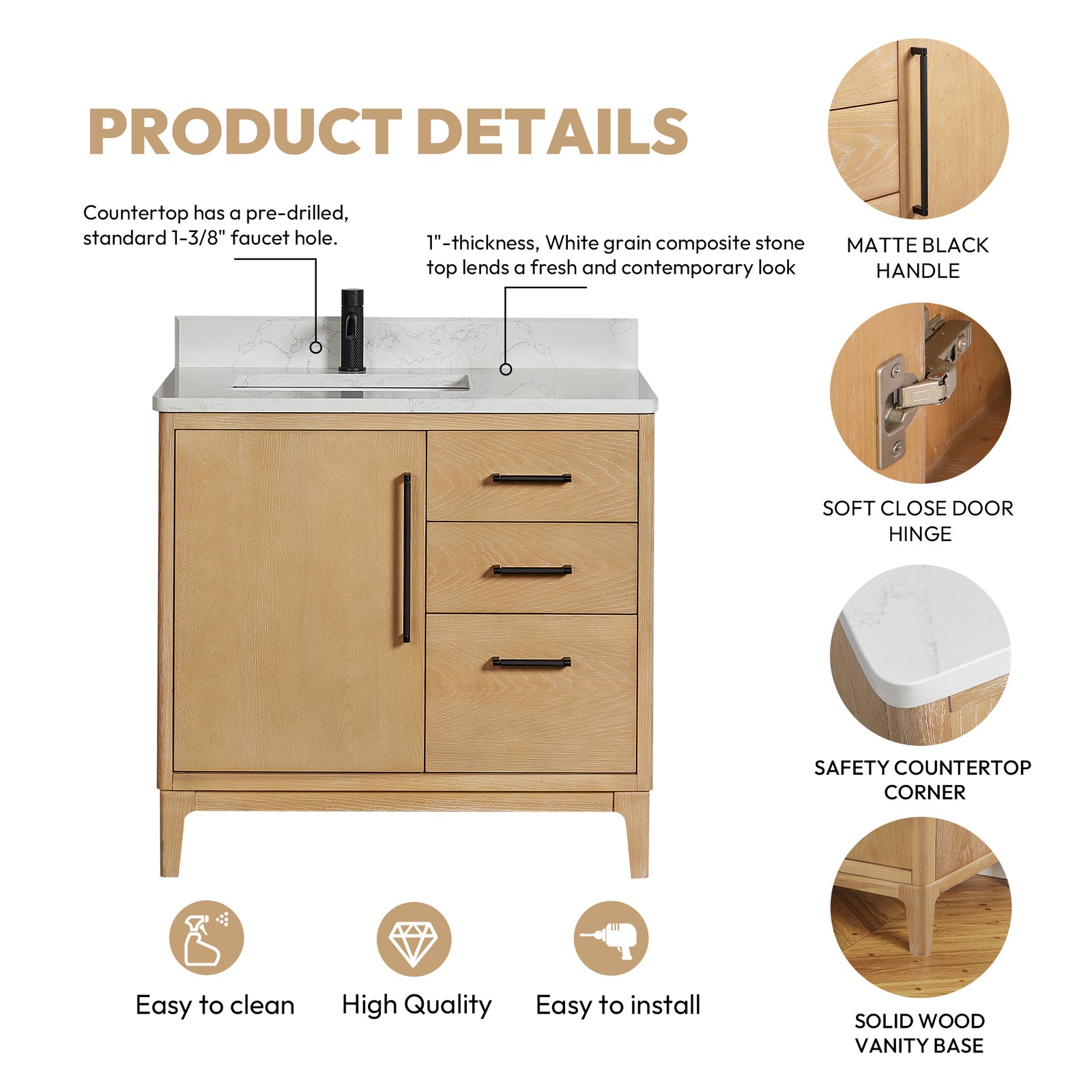 Gara 36″ Single Bath Vanity in Washed Ash Grey with White Grain Composite Stone
