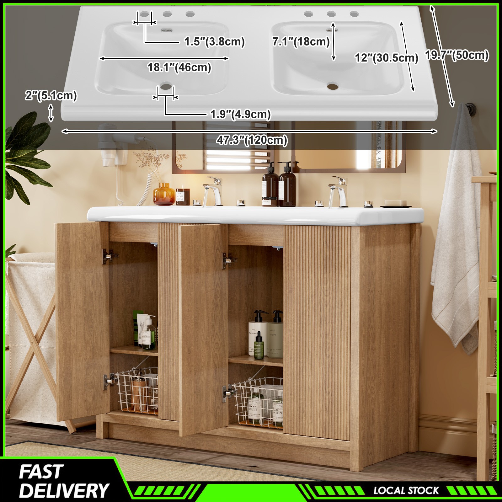 Storage Cabinet 47.3 Inch Modern Wood Grain Bathroom Vanity Double Ceramic Sink