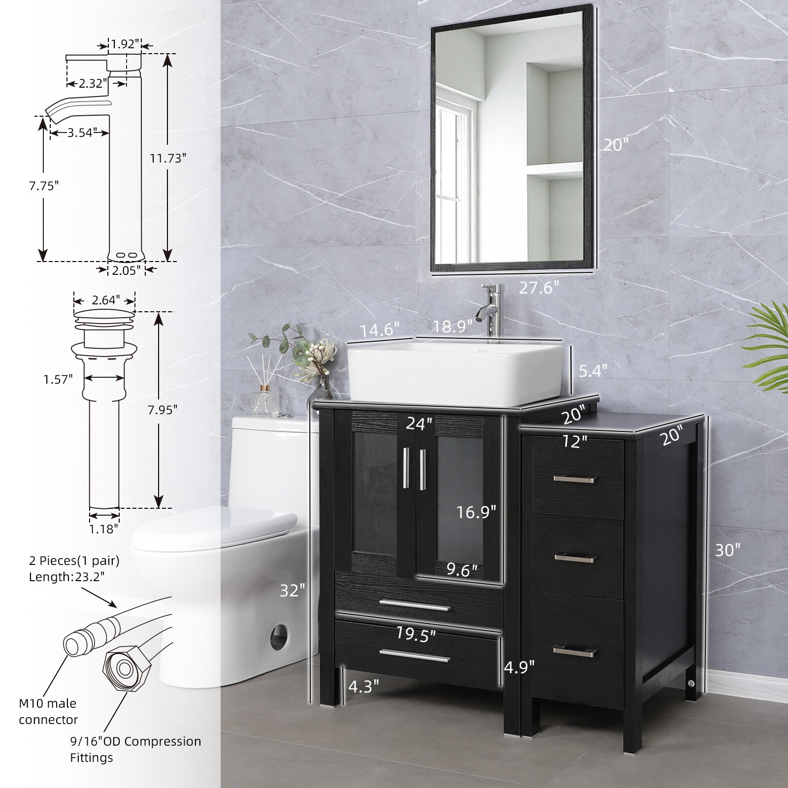 36 inch Bathroom Vanity Set Side Cabinet Ceramic Vessel Sink Combo No Mirror
