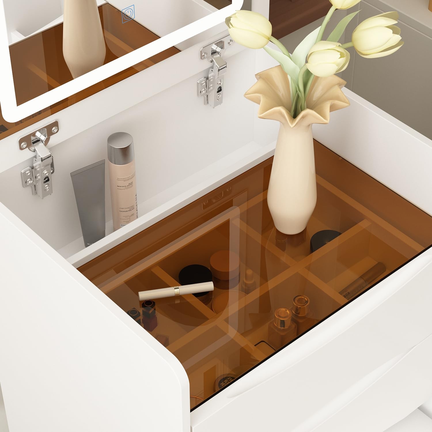 White Vanity Set with LED Mirror 3-Tier Shelf Stool Drawers Organizer Glass Top