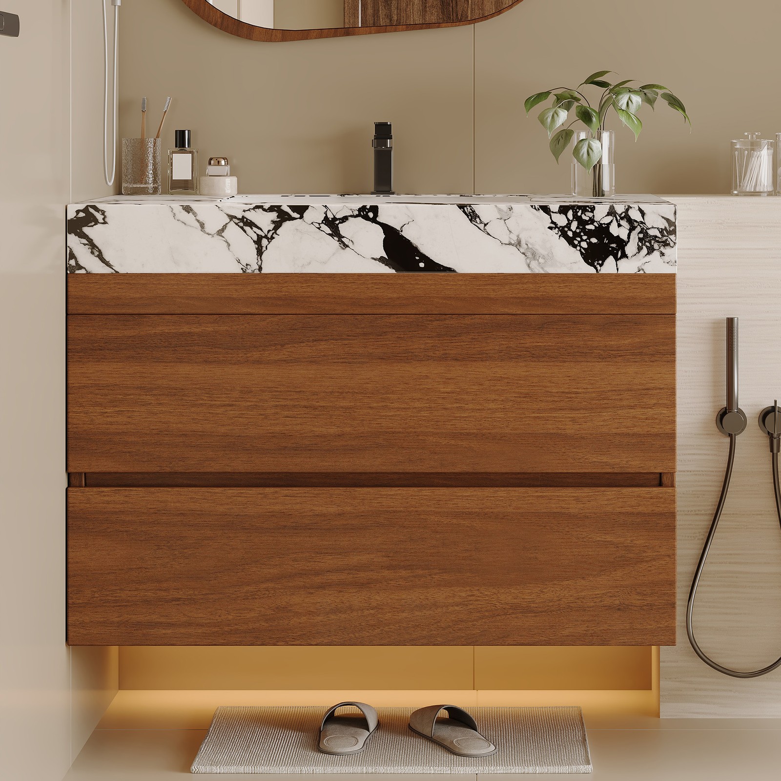 29.9in Plywood Floating Bathroom Vanity Faux Marble Top Ceramic Undermount Sink
