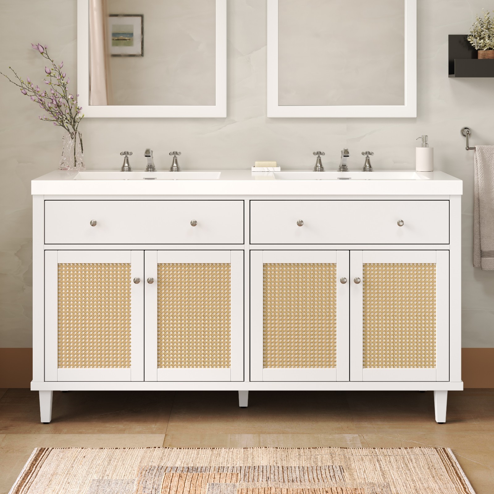 60 Inch Bathroom Vanity with Double Sink,Large Storage Space with 2 Tip-Out Tray