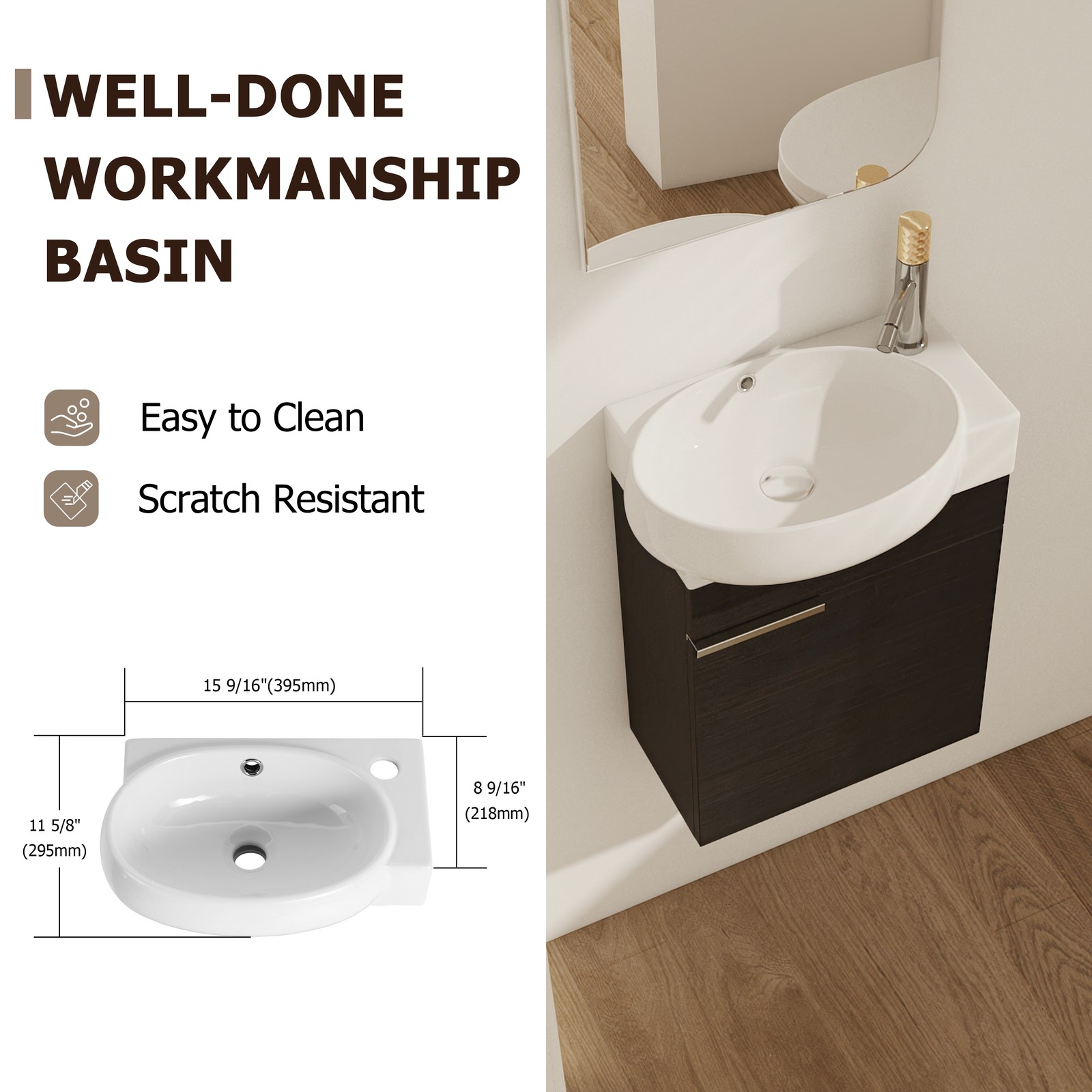 16In Freestanding Bathroom Vanity With Ceramic Sink Basin W/ Storage Rack Black