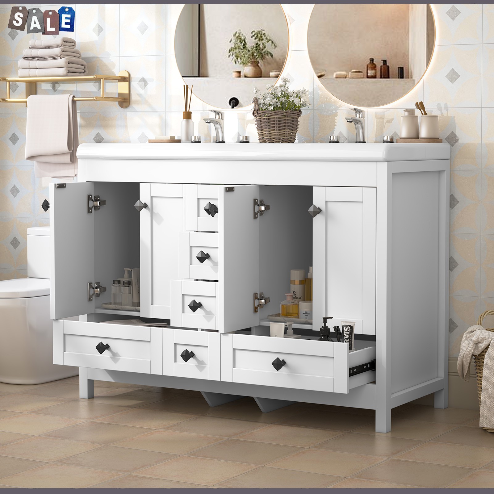 White Classic Bathroom Vanity Double Ceramic Sinks Freestanding With 5 Drawers