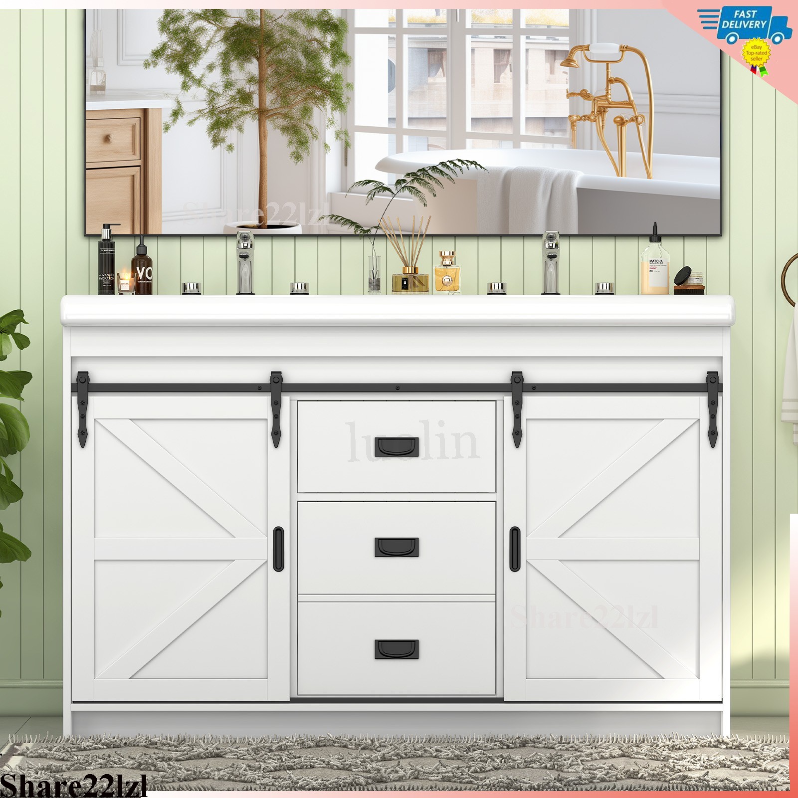 47Inch Bathroom Vanity Modern Bathroom Storage Cabinet with Double Ceramic Sink